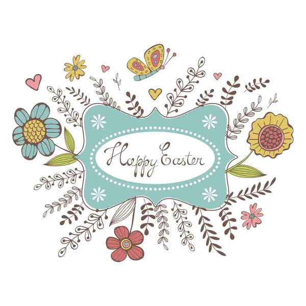 Elegante tarjeta de primavera con marco, flores y mariposas . — Vector de stock