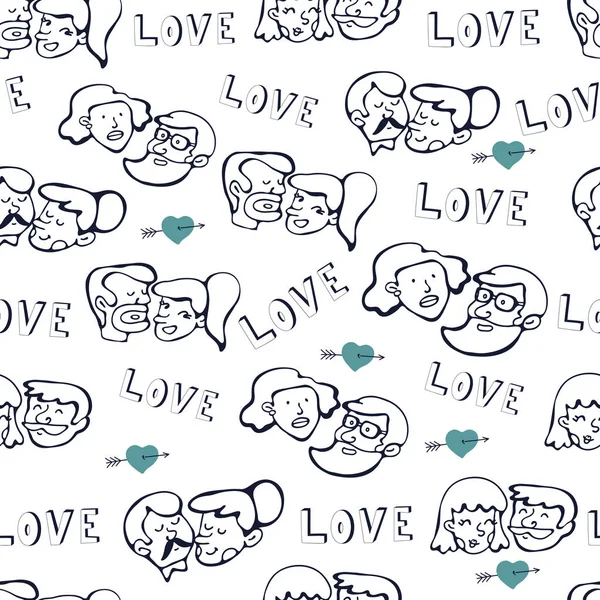 Seamless pattern with human faces. Couples in love. — Stock Vector
