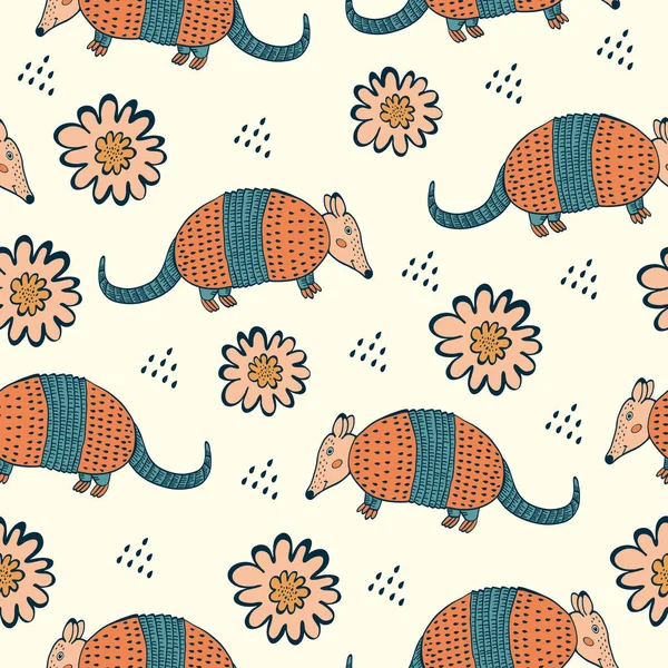 Modèle sans couture coloré avec armadillo et fleurs — Image vectorielle