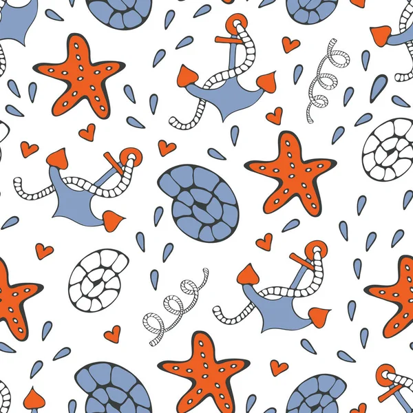 Colorful seamless sea pattern with seagulls anchors shells and starfishes — Stock Vector