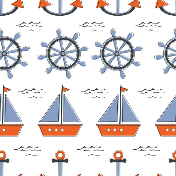 Padrão de mar sem costura colorida combarcos stearing rodas e âncoras —  Vetores de Stock