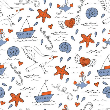 Renkli kesintisiz deniz desen tekneler martılar kabukları ve starfishes ile