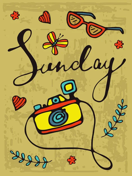 カメラとサングラス (日曜日) カラフルな手描き下ろしカード — ストックベクタ