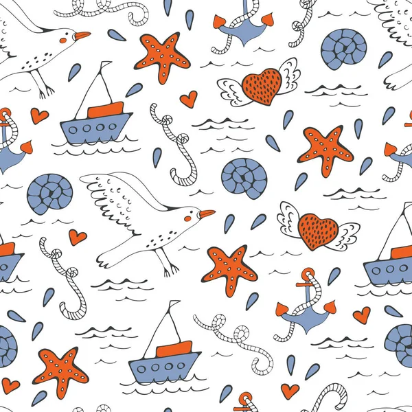 Patrón de mar inconsútil colorido con barcos gaviotas conchas y estrellas de mar — Vector de stock