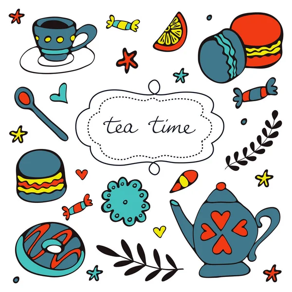 Bella mano disegnato tea time set con dolci dolci — Vettoriale Stock