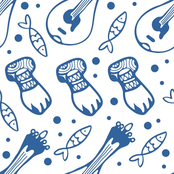 Seamless pattern with fado guitars sardines and door knockers.