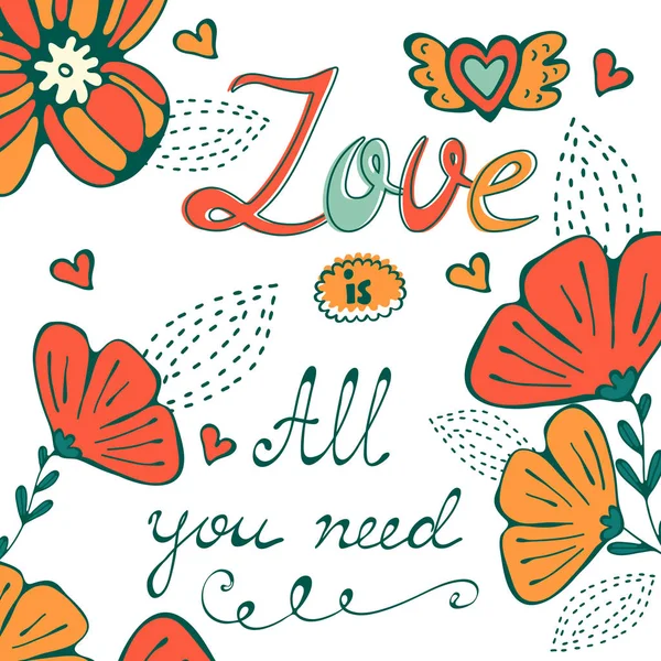 Amor es todo lo que necesita tarjeta conceptual con fondo floral y tipografía escrita a mano — Vector de stock