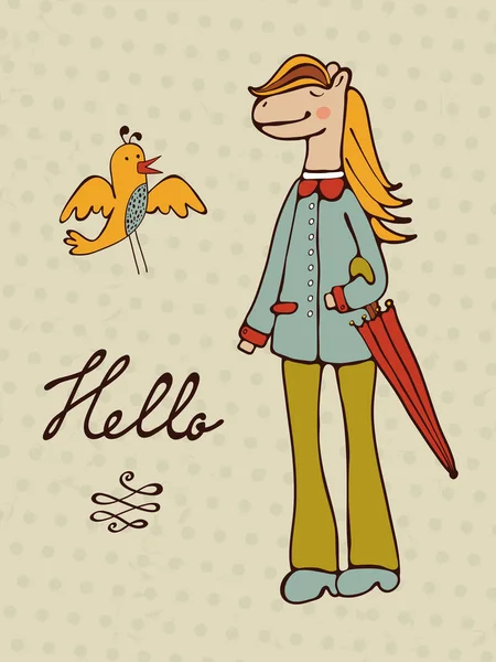 Dobrý den, karta s ručně kreslené koně charakter a pták — Stockový vektor