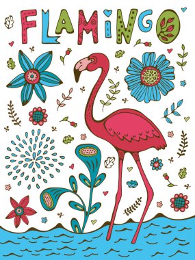 Renkli el çekilmiş poster flamingo ve el yazı ile