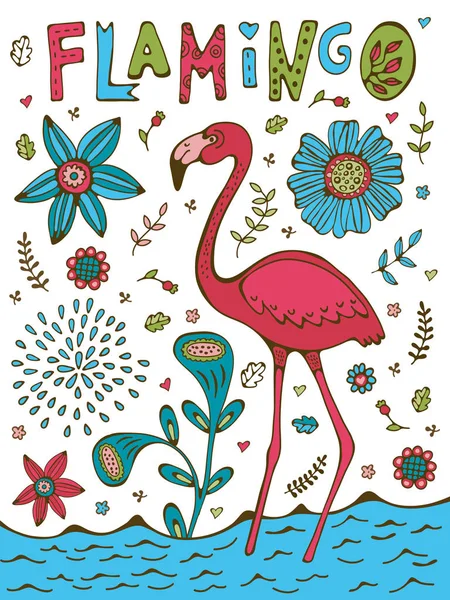 Cartaz colorido desenhado à mão com flamingo e letras à mão — Vetor de Stock