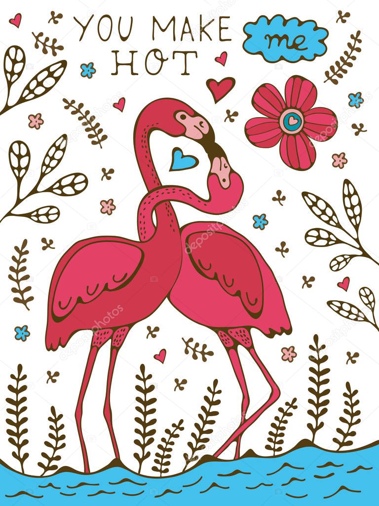 You make me hot. Flamingo couple kissing romantic poster