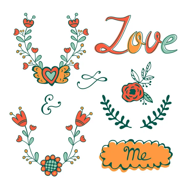 Elegant hand drawn collection of graphic elements. Ideal for embroidery post cards or invitations — Stock Vector