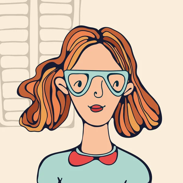 一个戴眼镜的女孩的手画的肖像 — 图库矢量图片