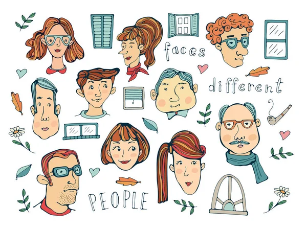 Hand drawn people faces collection — Stock Vector