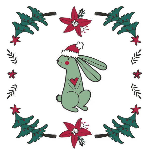 可爱的圣诞卡片，与一只兔子 — 图库矢量图片