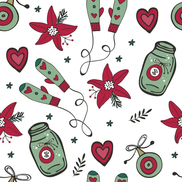Χριστούγεννα μοτίβο με γάντια, Χριστουγεννιάτικα στολίδια, poinsettia λουλούδια και καρδιές — Διανυσματικό Αρχείο