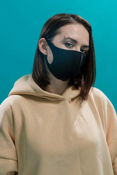 Fashionable Girl Black Medical Mask Beige Hoodie Looks Frame — Stock Photo, Image