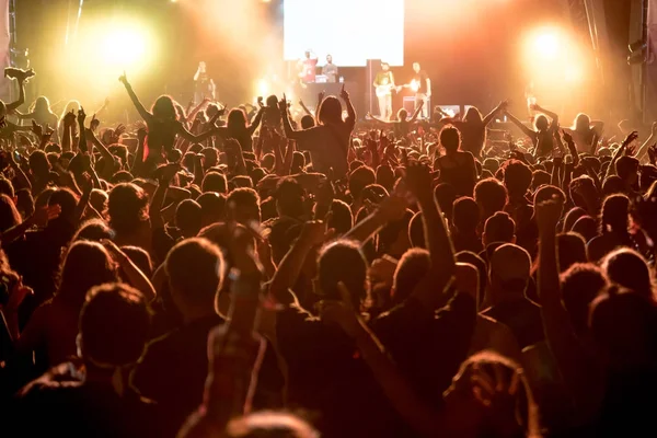 Multidão de pessoas dançando no concerto — Fotografia de Stock