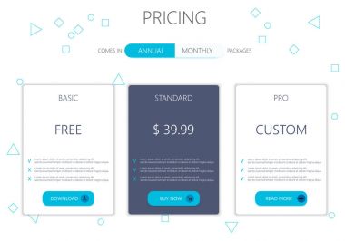 Üç afiş. Fiyat listesi, plan ve web tasarım kutuları afiş barındırma. 