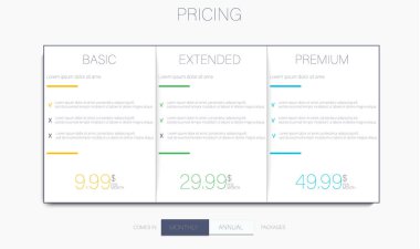 Üç afiş. Fiyat listesi, plan ve web tasarım kutuları afiş barındırma