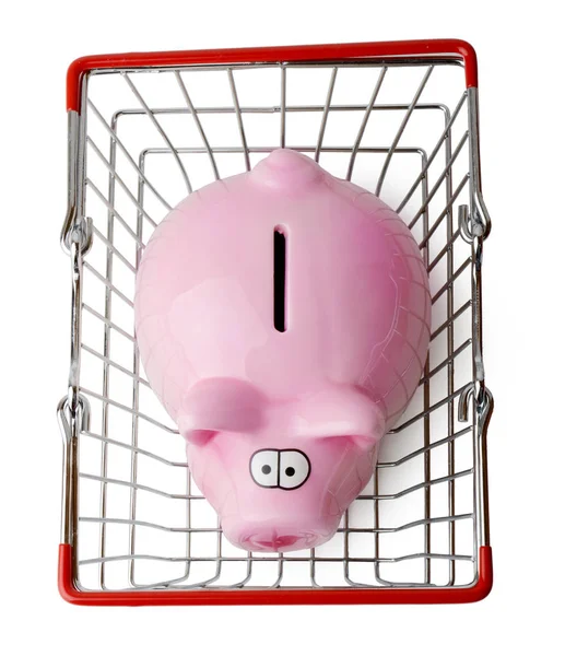 Piggy bank van bovenaf in mand — Stockfoto