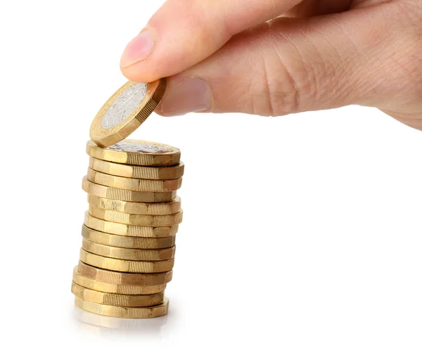 Tomando Una Moneda Pila Aislada Sobre Fondo Blanco — Foto de Stock