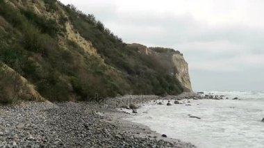 Cape Arkona Baltık Denizi sahilinde plaj manzara. Cliff ve karaçalı çalılar tebeşir. (Mecklenburg-Vorpommern, Germany). Rügen Adası.