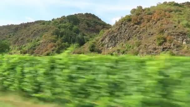 Jazdy wzdłuż Mozeli, przechodzącej przez abby Stuben w Bremm w regionie Calmont (Nadrenia-Palatynat, Niemcy) — Wideo stockowe