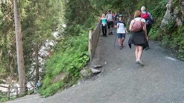 滝に歩道に沿ってハイキング、美術史を訪れる人々。オーストリア. — ストック動画
