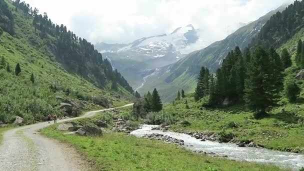 Pěší turistika po proudu Gerlosu v údolí Gerlostal v oblasti Zillertal. — Stock video