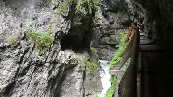 Stans, Tirol / Austria 25 lipca 2016: wędrówki przez wąwóz Wolfsklamm na schodach. Alpy Europejskiej. Część Karvendel góry. — Wideo stockowe