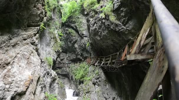 Stans, Tirol / Oostenrijk juli 25 2016: wandelen door de Wolfsklamm kloof op trappen. Europese Alpen. Onderdeel van Karvendel bergen. — Stockvideo