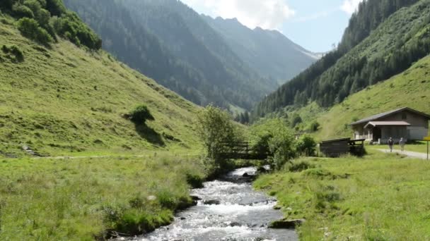 Gerlos, Tirol/ Austria July 22 2016: hiker walking along the wild Schwarzach stream at Zillertal valley — Stock Video