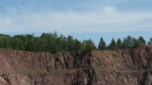 Birds of accipitriformes family flying high above an open pit mine quarry. porphyry rocks. camera pan. re-nature of industrial areas. — Stock Video