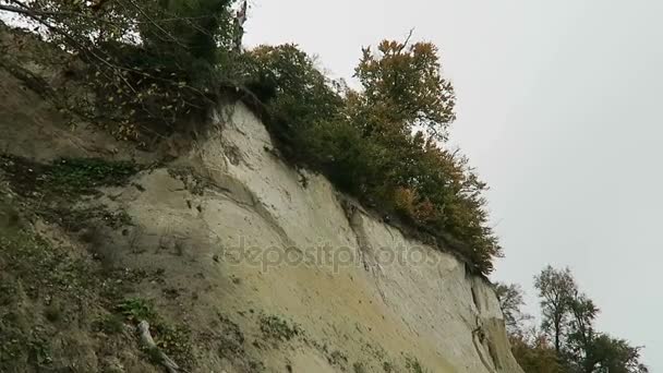 Sassnitz, Meklenbursko-Přední Pomořansko / Německo 19 října 2016: chodce křídovému útesu skály Rugena ostrov v podzimní čas. Bukového lesa na vrcholu útesu. — Stock video