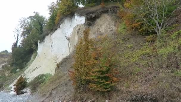 Sassnitz, Mecklemburgo-Vorpommern / ALEMANIA 19 de octubre de 2016: Gente caminando por el acantilado rocoso de la isla de Rugen en otoño. Bosque de haya en la cima del acantilado . — Vídeo de stock