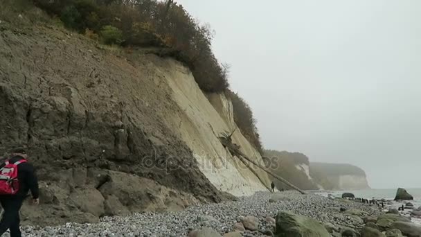 Sassnitz, Mecklembourg-Poméranie-Occidentale / ALLEMAGNE 19 octobre 2016 : Les gens marchent le long de la falaise calcaire de l'île de Rugen en automne. Forêt de hêtres au sommet de la falaise . — Video