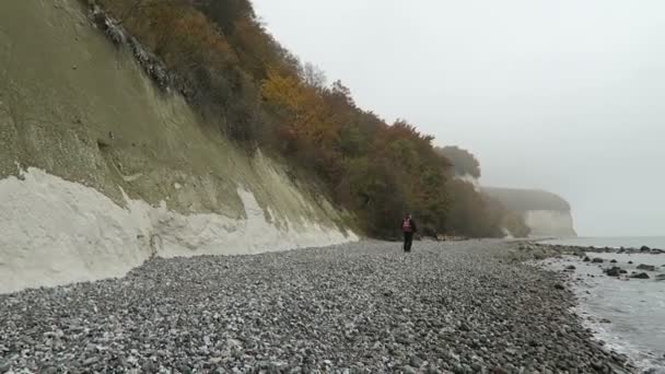 Sassnitz, Mecklenburg-Vorpommern / ALEMANHA 19 de outubro de 2016: Pessoas caminhando ao longo do penhasco rochoso de giz da ilha de Rugen no outono. Floresta de faia no topo do penhasco . — Vídeo de Stock