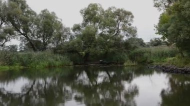 Havel Nehri boyunca tekne ile sürüş. tipik peyzaj çayır ve willow ile çalışır. Havelland bölge. (Almanya)