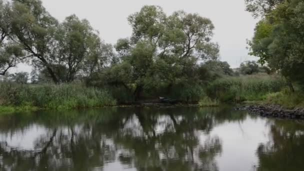 Вождение на лодке вдоль реки Гавел. типичный пейзаж с лугами и ивами. Регион Хафелланд. (Германия ) — стоковое видео