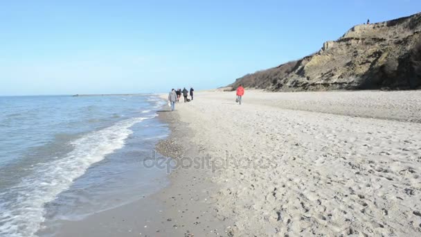 Gente caminando por la playa del Mar Báltico del pueblo Ahrenshoop en las penínsulas de Darss (Mecklemburgo-Vorpommern, Alemania). En el lado derecho dunas de arena típicas . — Vídeos de Stock