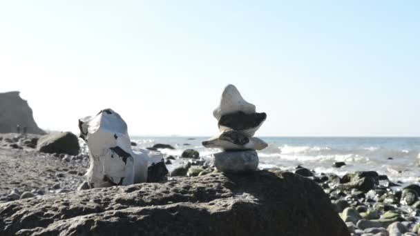 Sculptures en pierre de silex sur la plage péninsules Darss (Mecklembourg-Poméranie Occidentale, Allemagne). Sur le côté droit dunes de sable typiques . — Video
