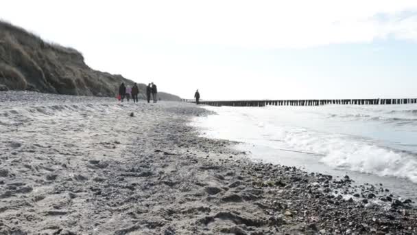 Pessoas andando ao longo da praia do Mar Báltico da aldeia Wustrow em Darss peninsulas (Mecklenburg-Vorpommern, Alemanha). No lado direito dunas de areia típicas . — Vídeo de Stock