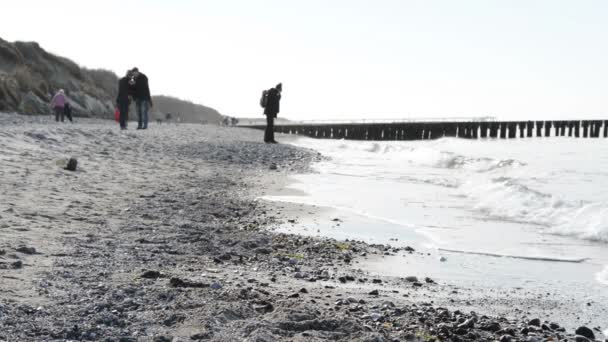 People walking along at the Baltic Sea beach of village  Wustrow at Darss peninsulas (Mecklenburg-Vorpommern, Germany). On right side typical sand dunes. — Stock Video