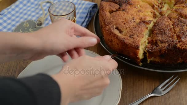 Kus jablečným koláčem se podává na talíři. — Stock video