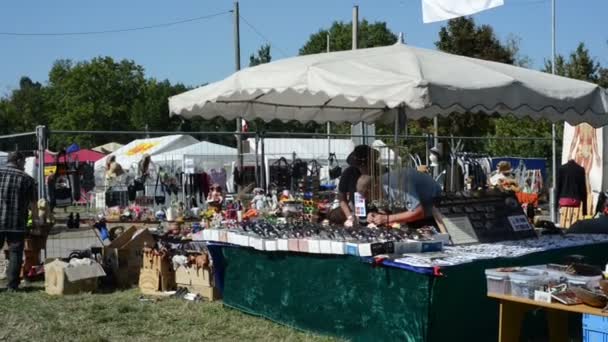 Menschen laufen über einen Flohmarkt auf der Suche nach alten Dingen. — Stockvideo