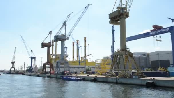 Warnow shipyards and portions of drilling platform Borwin Beta which is under construction. Located at Warnemuende — Stock Video