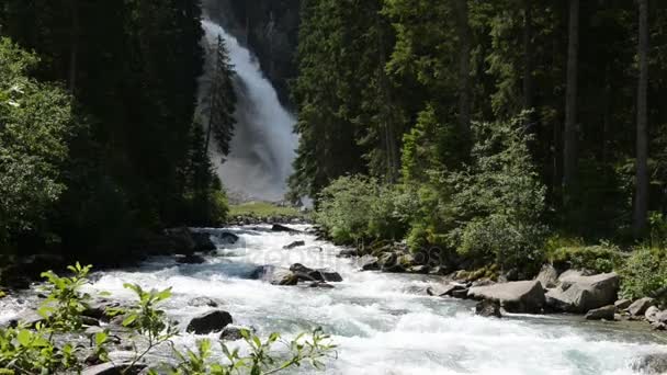 在里面，在奥地利萨尔茨堡州的 Krimml 瀑布。欧洲的阿尔卑斯山风景的森林. — 图库视频影像