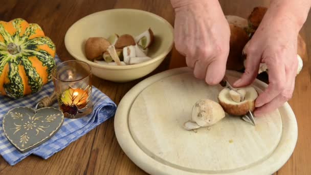 Limpieza de bollo de centavo setas con cuchillo para cocinar una comida . — Vídeo de stock