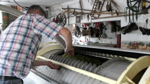 Granjero limpieza de una máquina de prensa de vino después de presionar las aberturas de vino blanco . — Vídeo de stock